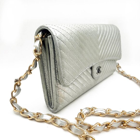 Authentic CHANEL CC Chevron Timeless Caviar Flap Wallet Chain Purse Silver Bag - Picture 4 of 14